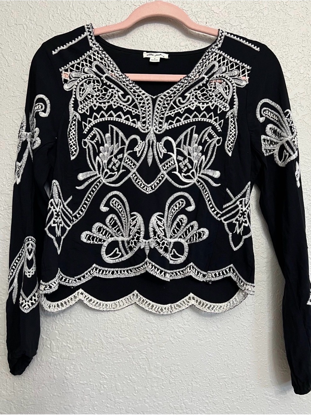 Ultra Pink Black Blouse with White Embroidered Detail